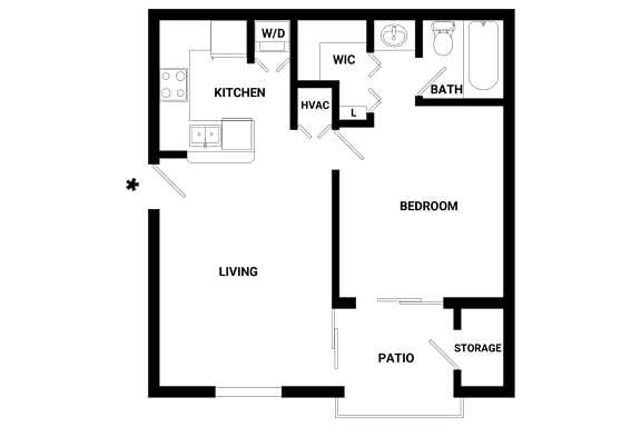 A floor plan of a house with a kitchen, living room, bedroom, bathroom, and storage.