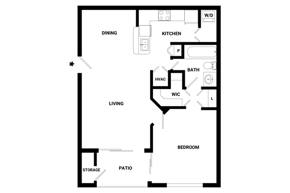 A floor plan of a house with a kitchen, living room, dining room, bedroom, bathroom, and storage.