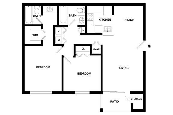 A floor plan of a house with labeled rooms such as Bedroom, Bath, Kitchen, Dining, Living, Patio, Storage, WC, and Closet.