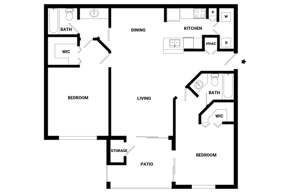 A floor plan of a house with a living room, two bedrooms, a kitchen, a bathroom, and a storage area.