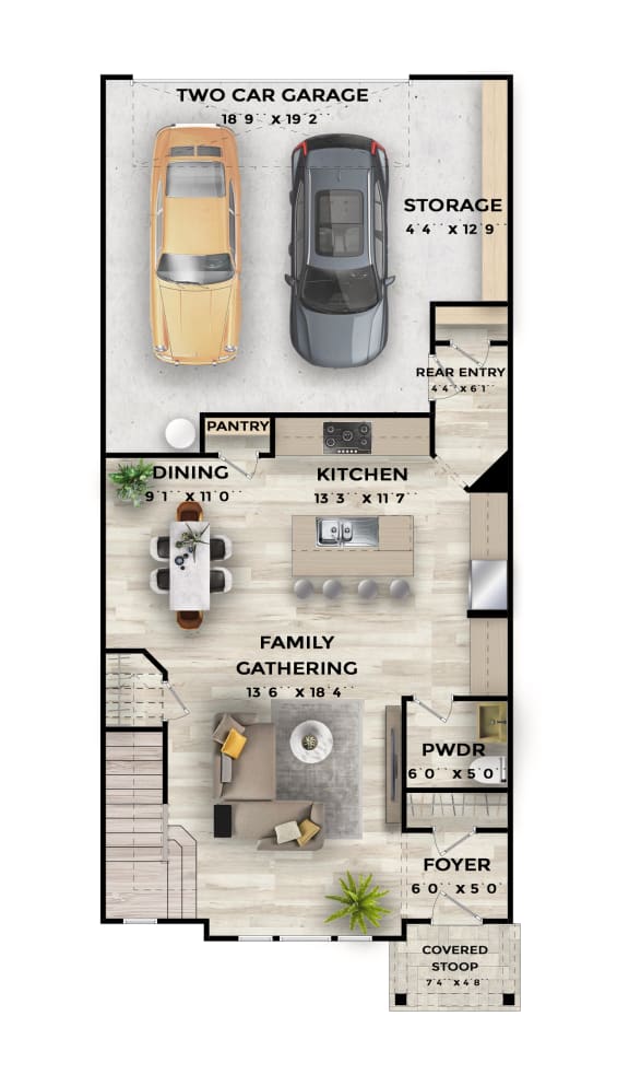 a floor plan of two car garage with kitchen and living room