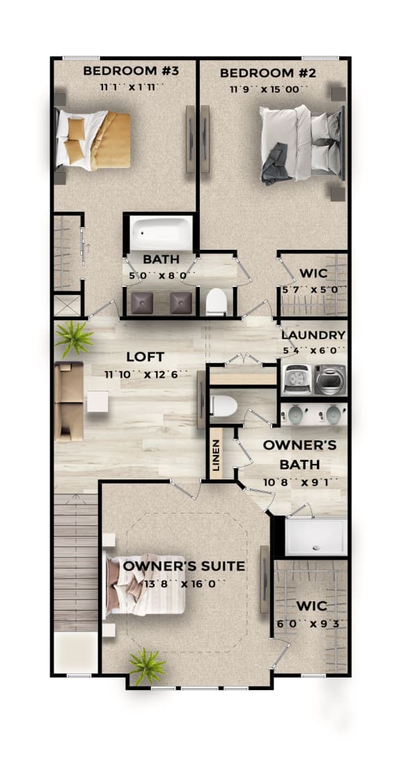 a floor plan of a two bedroom apartment with two bathrooms and a living room with a fireplace