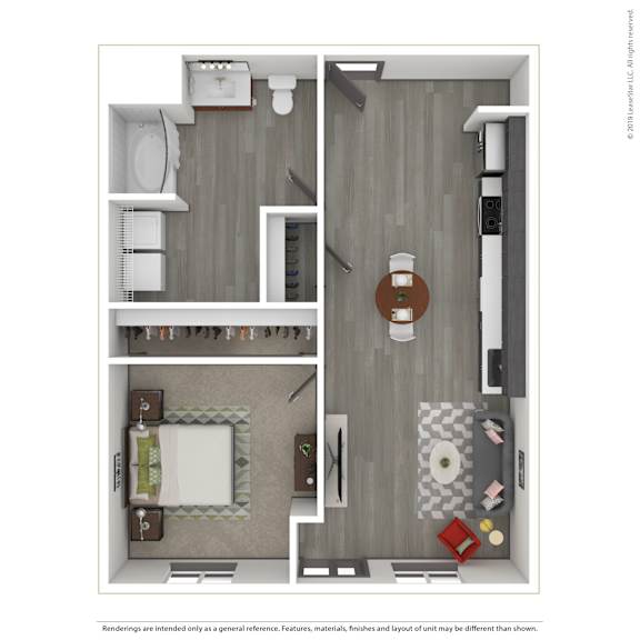 A 3D rendered image of a modern apartment.