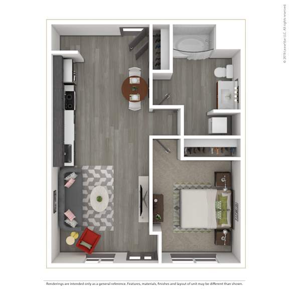 A 3D rendered image of a modern apartment.