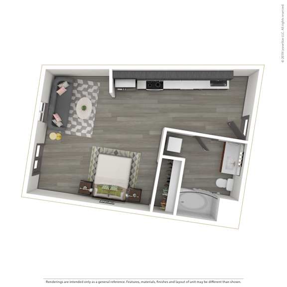 Floor Plan  A 3D rendered image of a modern apartment.