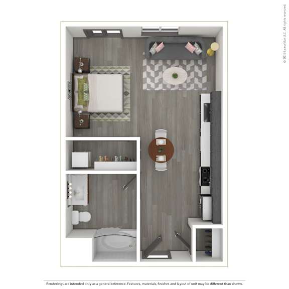 A 3D rendered image of a modern apartment.