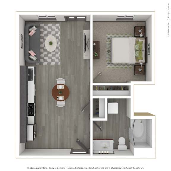 A 3D rendered image of a modern apartment.