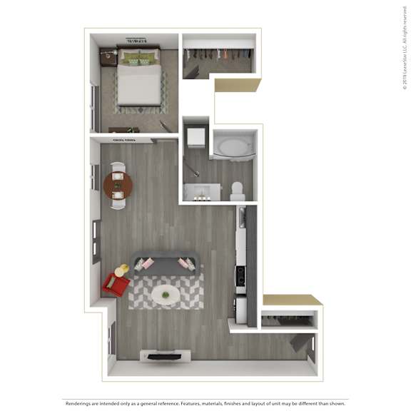 A 3D rendered image of a modern apartment.