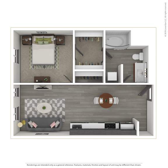 A 3D rendered image of a modern apartment.