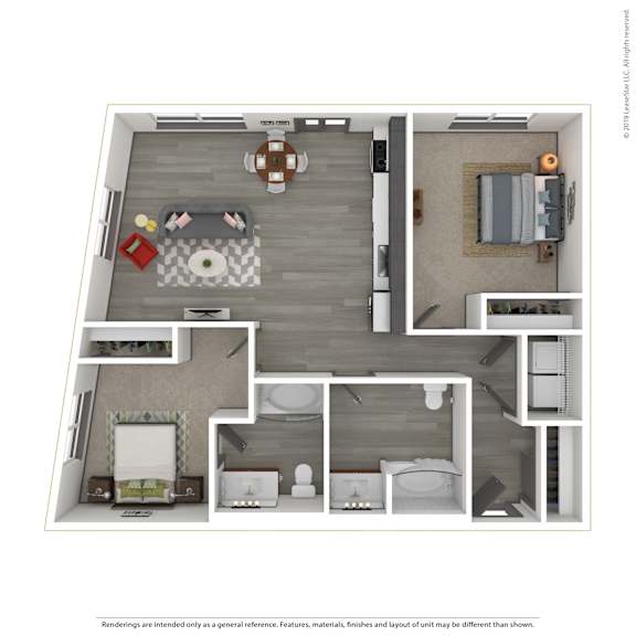 A 3D rendered image of a modern apartment.