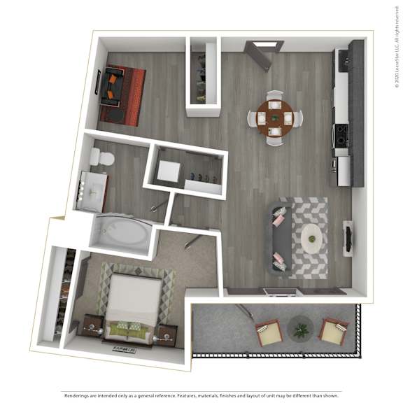 A 3D rendered image of a modern apartment.