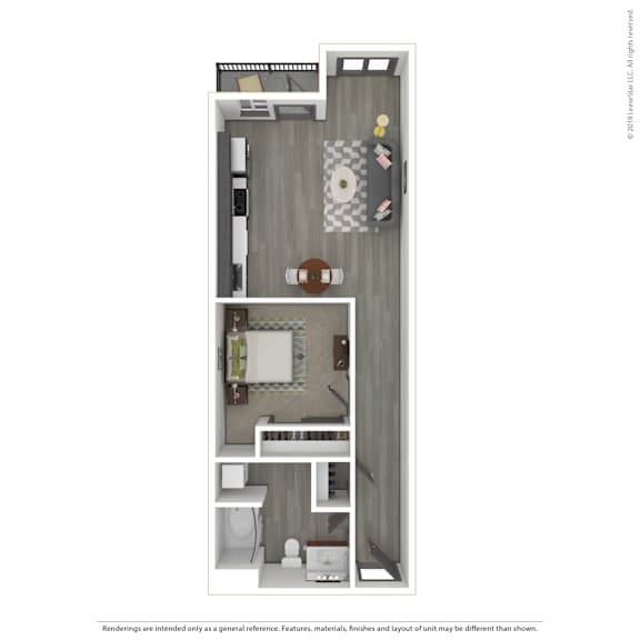 A 3D rendered image of a modern apartment.