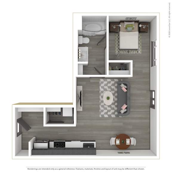 A 3D rendered image of a modern apartment.