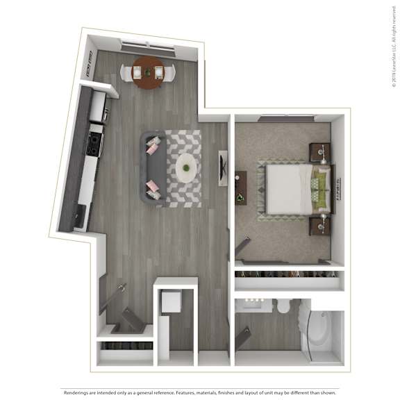 A 3D rendered image of a modern apartment.