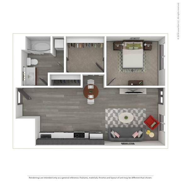 A 3D rendered image of a modern apartment.