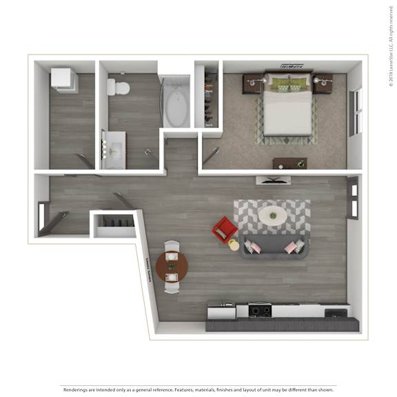 A 3D rendered image of a modern apartment.