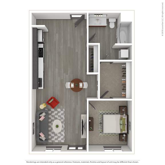 A 3D rendered image of a modern apartment.