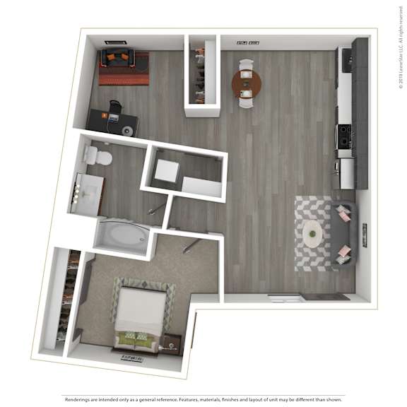 A 3D rendered image of a modern apartment.