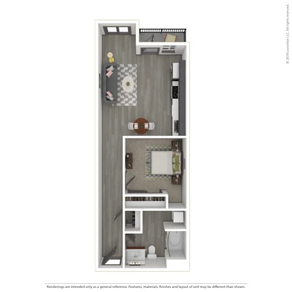 A 3D rendered image of a modern apartment.