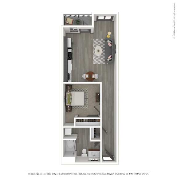 A 3D rendered image of a modern apartment.