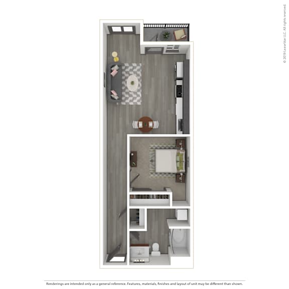 A 3D rendered image of a modern apartment.