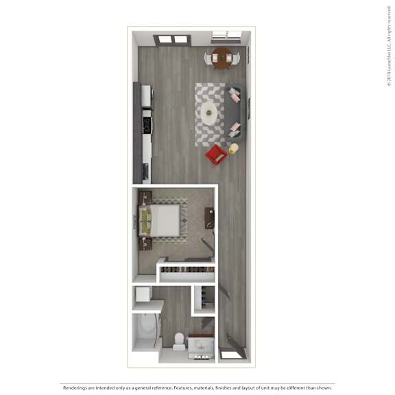A 3D rendered image of a modern apartment.