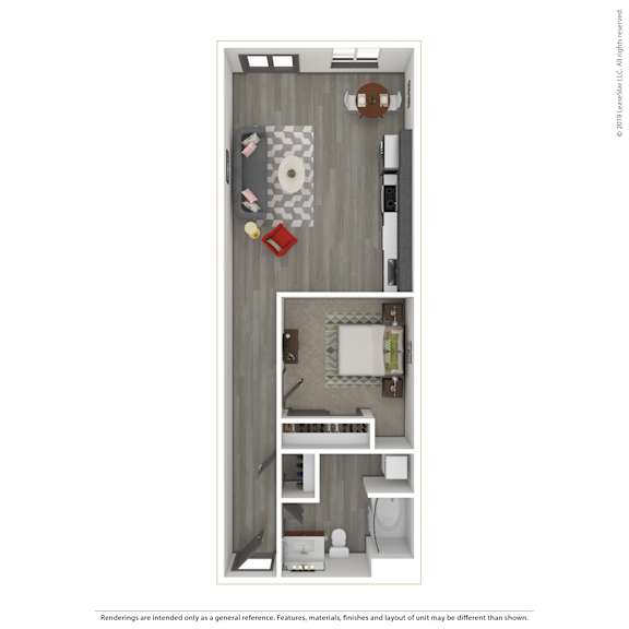 A 3D rendered image of a modern apartment.