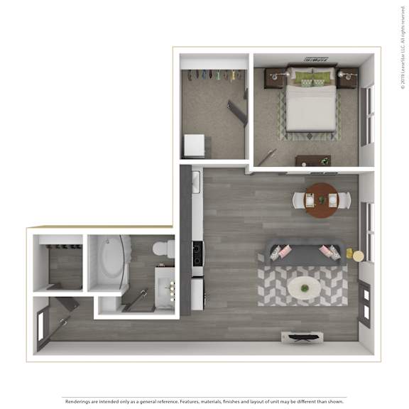 A 3D rendered image of a modern apartment.