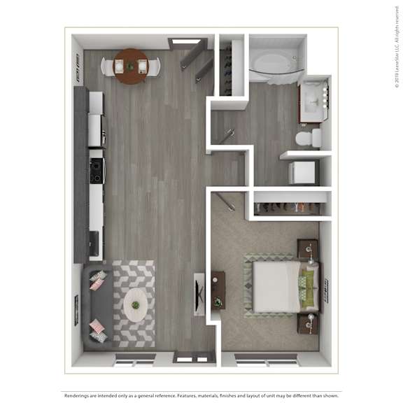 A 3D rendered image of a modern apartment.