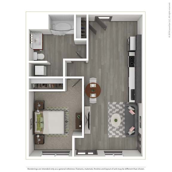 A 3D rendered image of a modern apartment.