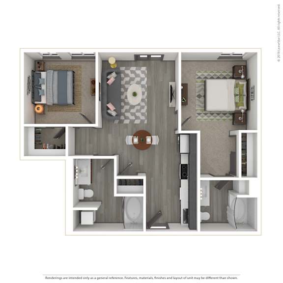 A 3D rendered image of a modern apartment.