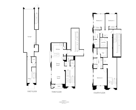 A black and white image of a floor plan for a house with three bedrooms.