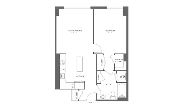 A floor plan of a small apartment with a living room, kitchen, and bathroom.