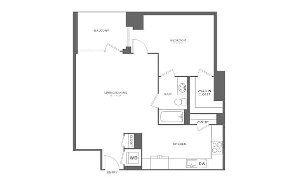 A floor plan of a house with a balcony, living/dining area, kitchen, pantry, bath, and bedroom.