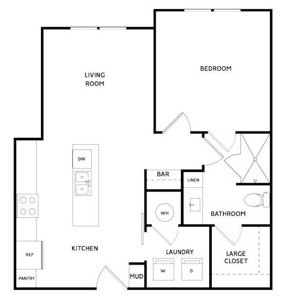 A black and white floor plan of a house with a living room, kitchen, bathroom, and bedroom.
