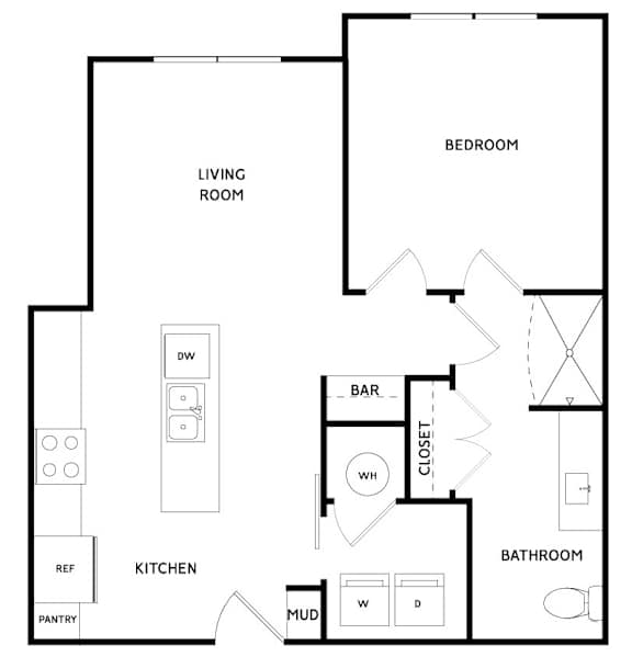 A black and white floor plan of a house with a living room, kitchen, bathroom, and bedroom.