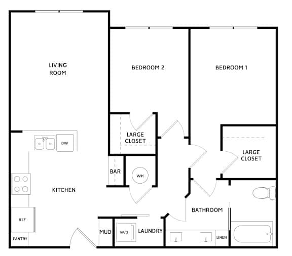 A black and white floor plan of a house with two bedrooms, a living room, a kitchen, a bathroom, a pantry, a mud room, a laundry room, and two large closets.
