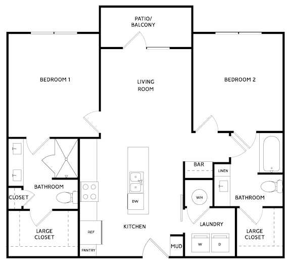 A black and white floor plan of a house with two bedrooms, two bathrooms, a living room, a kitchen, a pantry, a laundry area, and a large closet.