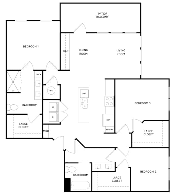 A floor plan of a home with three bedrooms, a bathroom, a dining room, a living room, a pantry, and a large closet.
