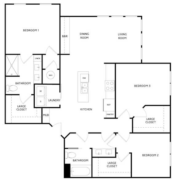 A black and white image of a floor plan for a house with three bedrooms, a dining room, a living room, a kitchen, a laundry room, and a large closet.