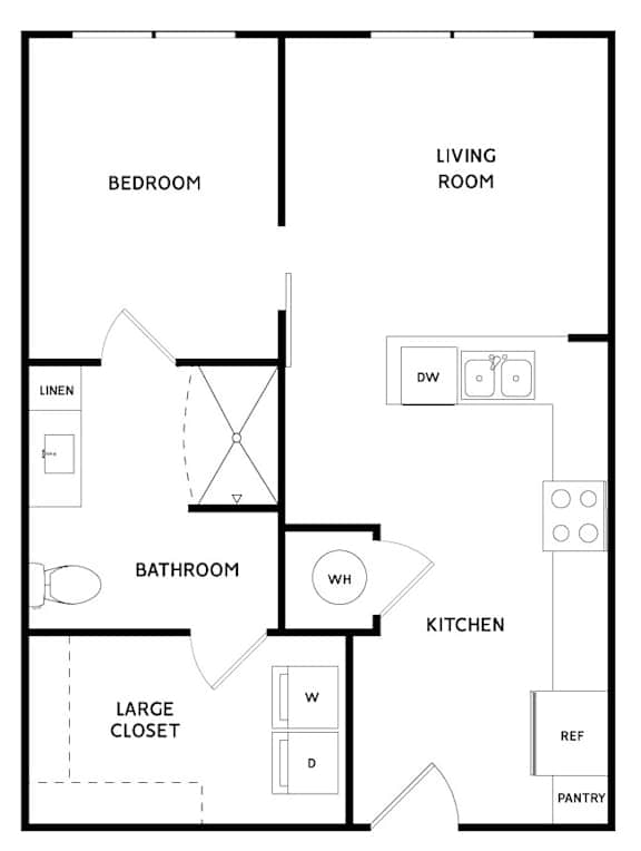 A black and white floor plan of a house with a bedroom, bathroom, kitchen, living room, and pantry.