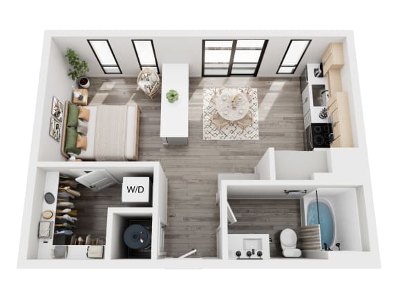 a 1 bedroom floorplan with a bathroom and a living room