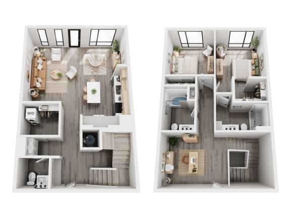 two floor plans with a bedroom and a living room