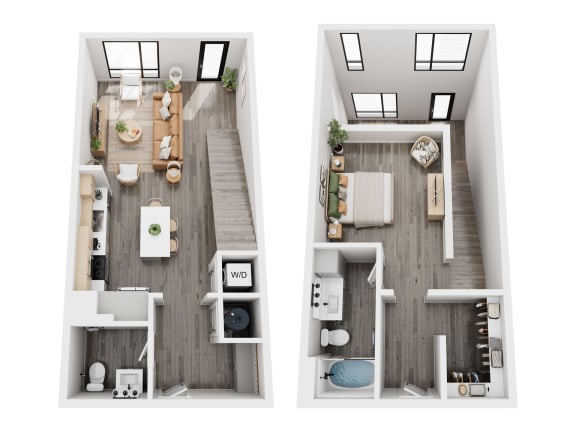 two floor plans with a bedroom and a living room
