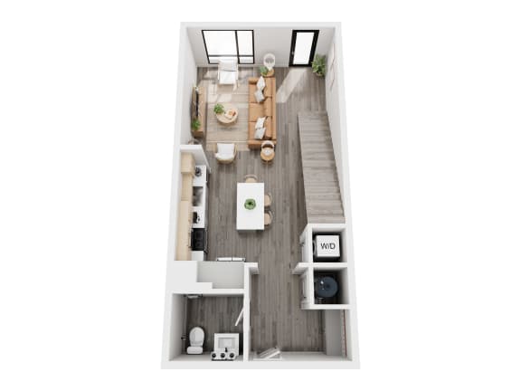 a stylized floor plan with a bedroom and living room