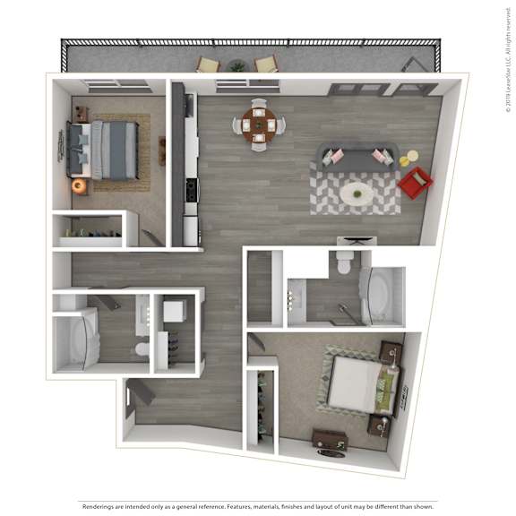 A 3D rendered image of a modern apartment.