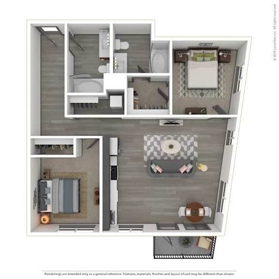 A 3D rendered image of a modern apartment.