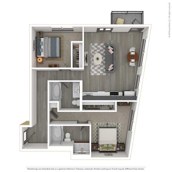 A 3D rendered image of a modern apartment.
