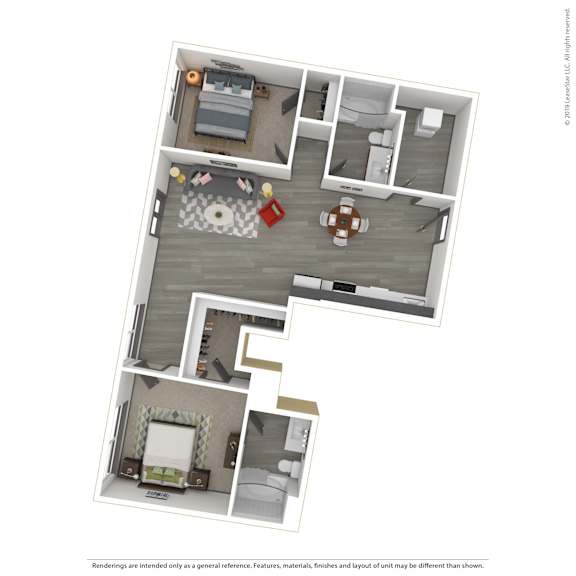 A 3D rendered image of a modern apartment.