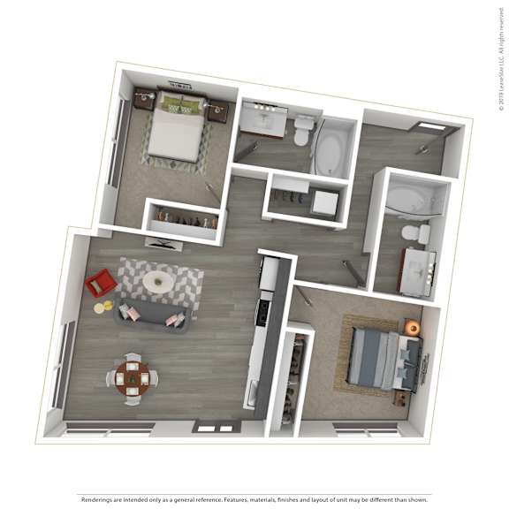 A 3D rendered image of a modern apartment.
